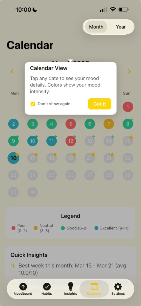CymCym calendar view with mood intensity legend