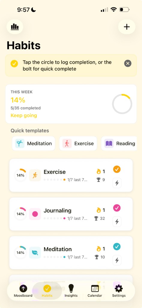 CymCym habits list with weekly progress and quick templates