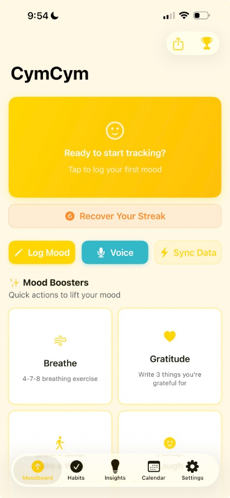 CymCym home dashboard with moodboard and quick actions