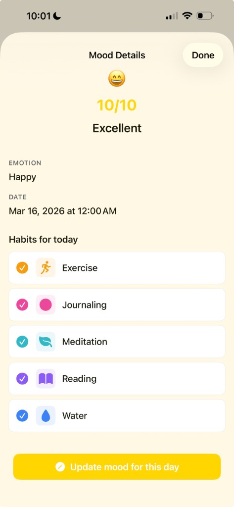 CymCym mood details screen with daily habits context