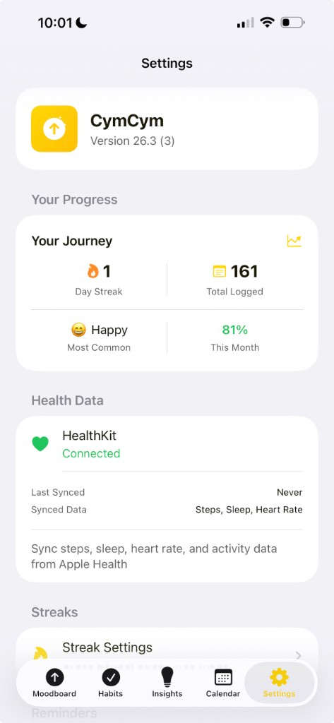 CymCym settings page with progress and HealthKit sync information